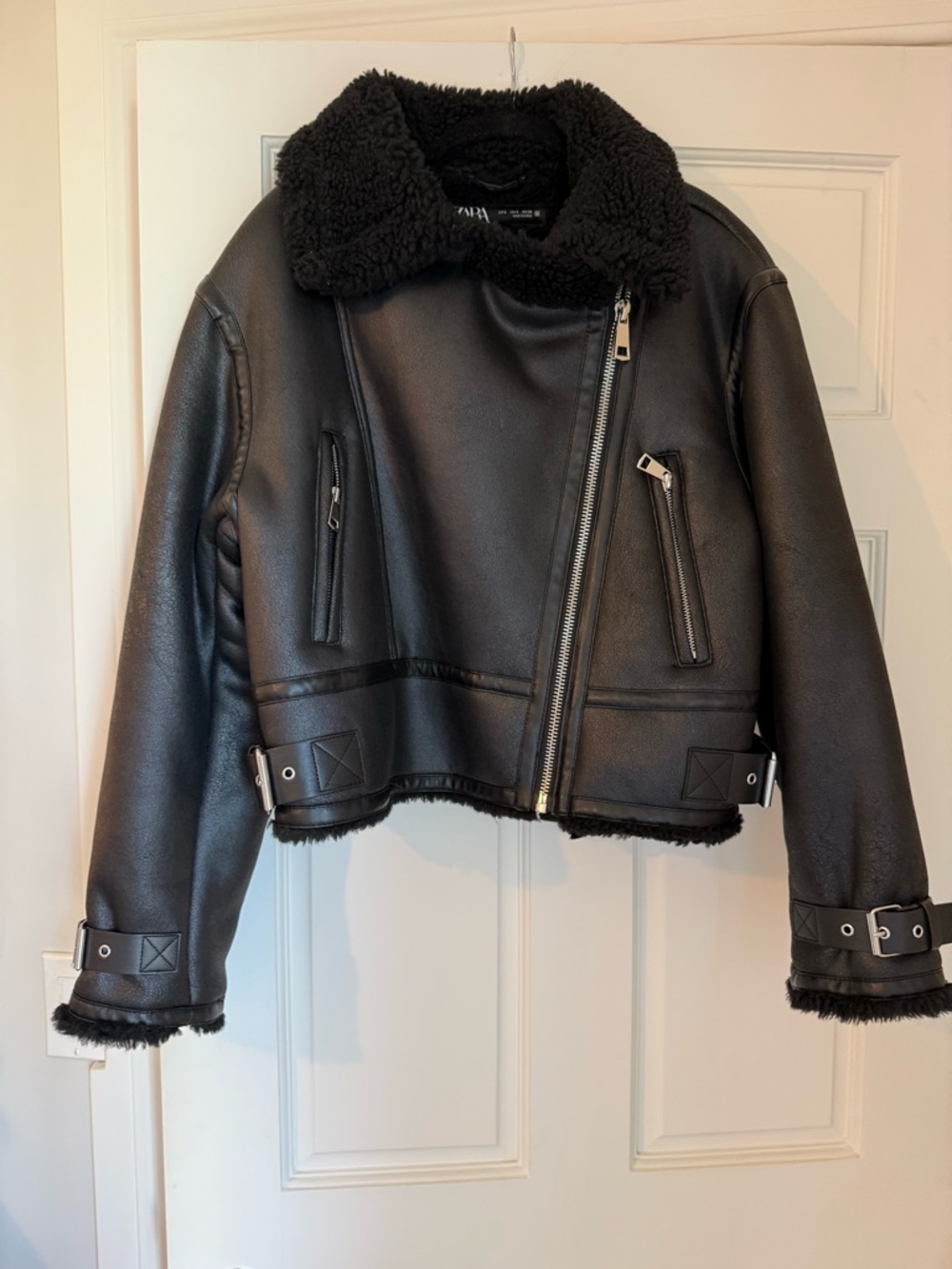 Black Faux Leather Shearling Biker Jacket